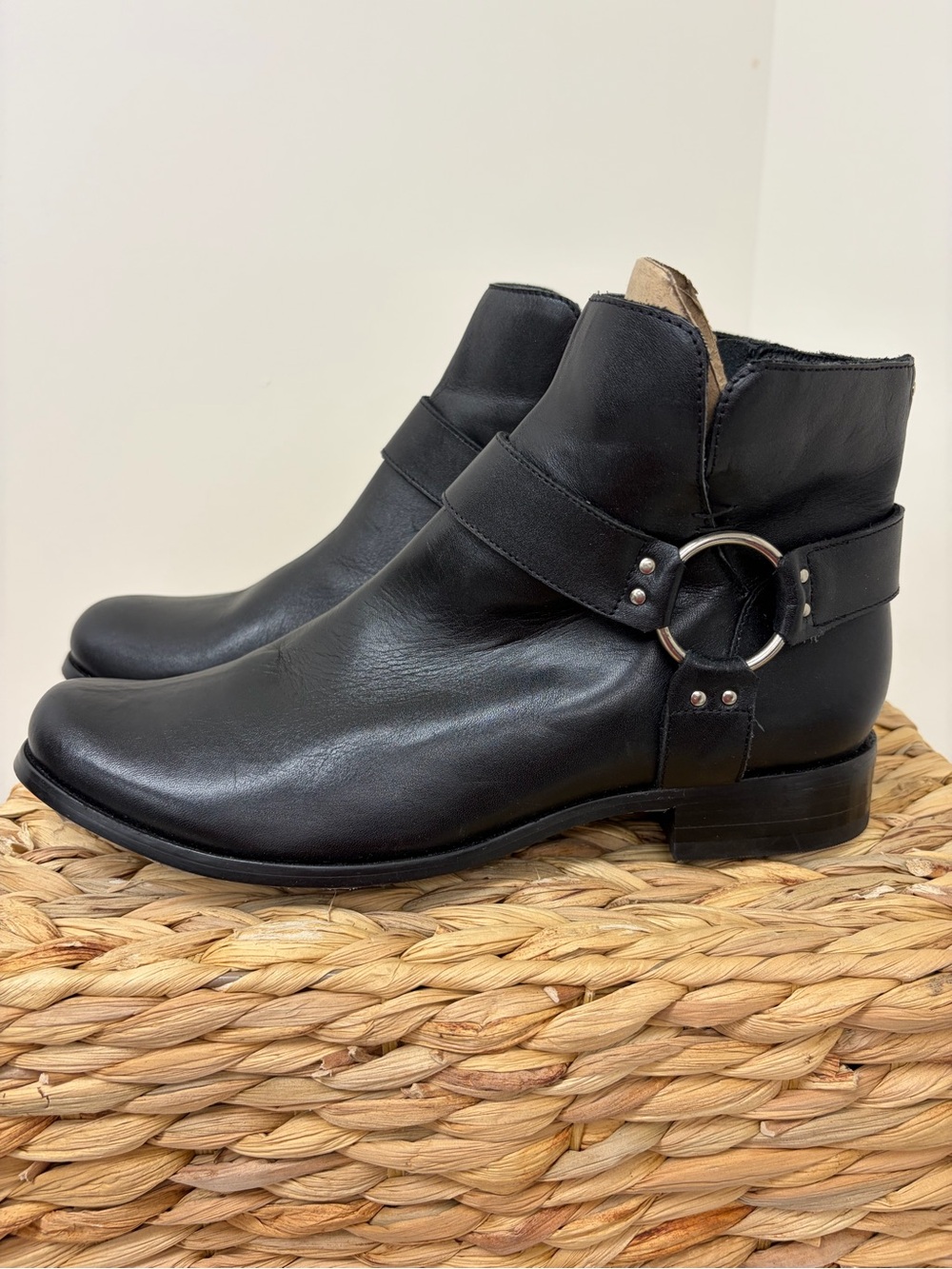 Women’s Black Leather Ankle Booties with Ring Strap Accent